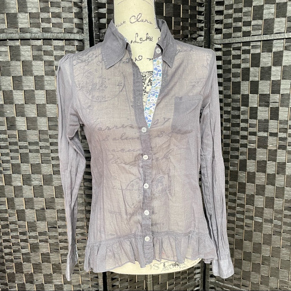 Flutterbye Gray Flowy Ruffle Button Down Blouse S… - image 1